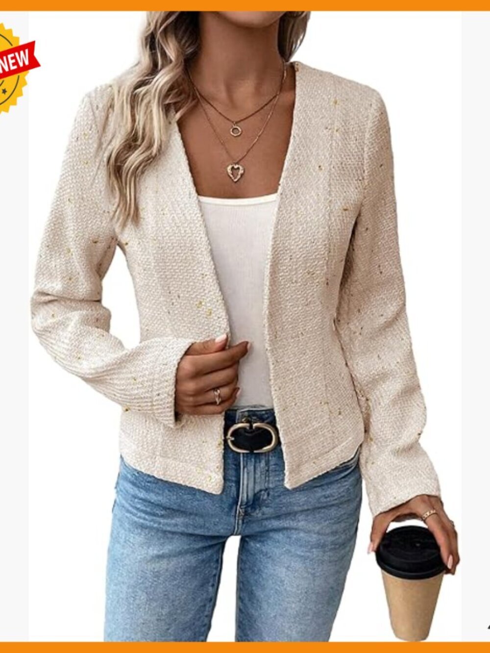 Tweed Blazer Jacket Collarless Open Front Fitted Casual Work Coat